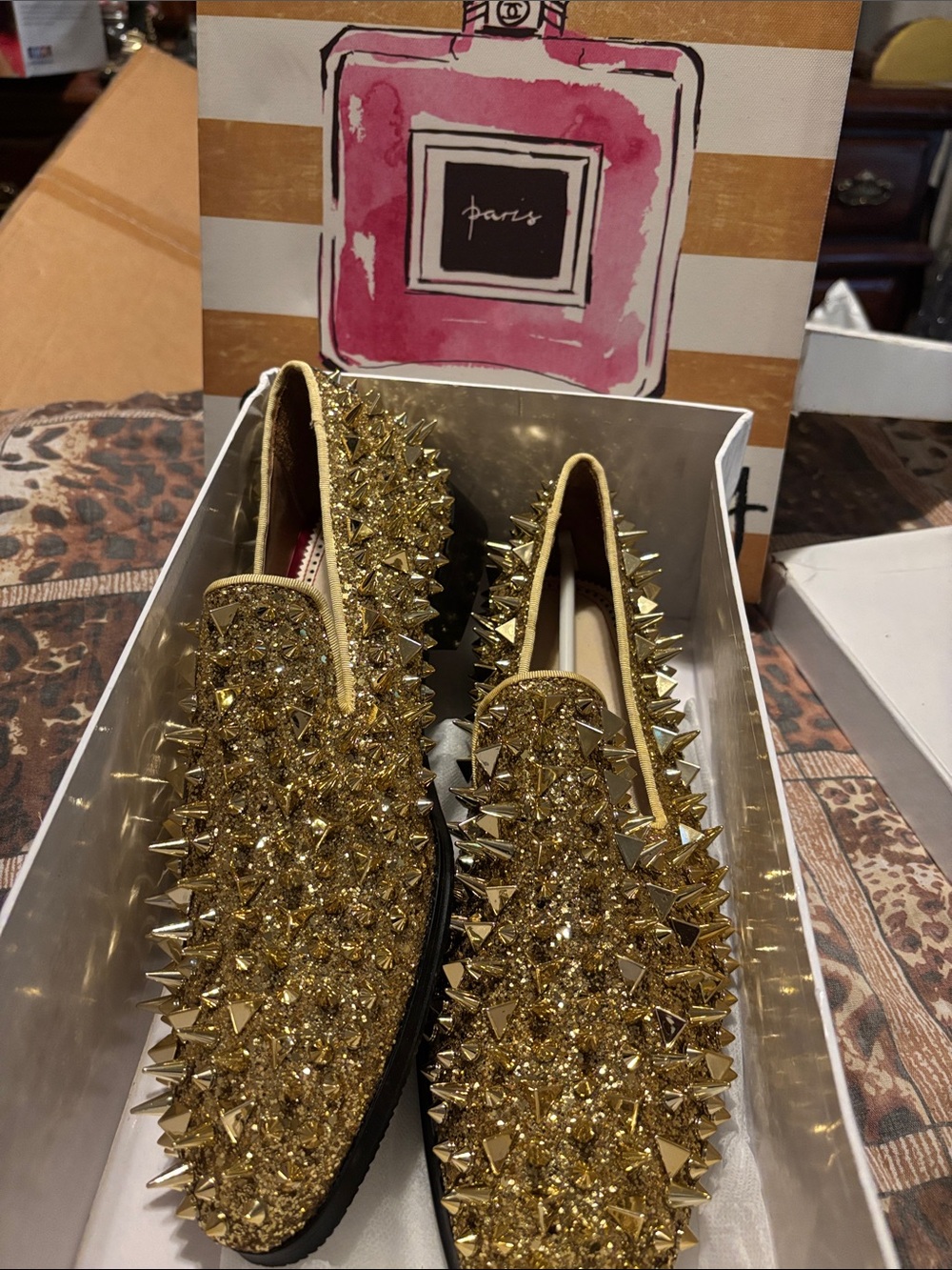 Men’s Gold Spike Embellished Slip-On Loafers